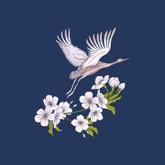 Fototapeta premium Flowers and crane on jeans background. Stock line vector illustr