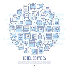 Fototapeta na wymiar Hotel services concept in circle with thin line icons of facilities in room. Vector illustration for banner, web page, print media.
