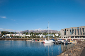 Fototapeta na wymiar harbor in City center of Akureyri in Iceland