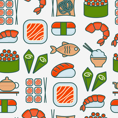 Japanese food seamless pattern with thin line icons of sushi, noodles, tea, rolls, shrimp, fish, sake. Vector illustration for banner, web page or print media.