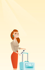 Business class passenger standing near suitcase and holding priority luggage tag. Young smiling caucasian business woman showing travel insurance tag. Vector cartoon illustration. Vertical layout.