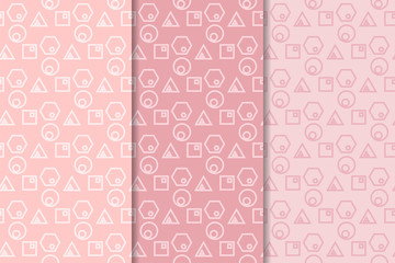 Geometric set of pale pink seamless patterns for design