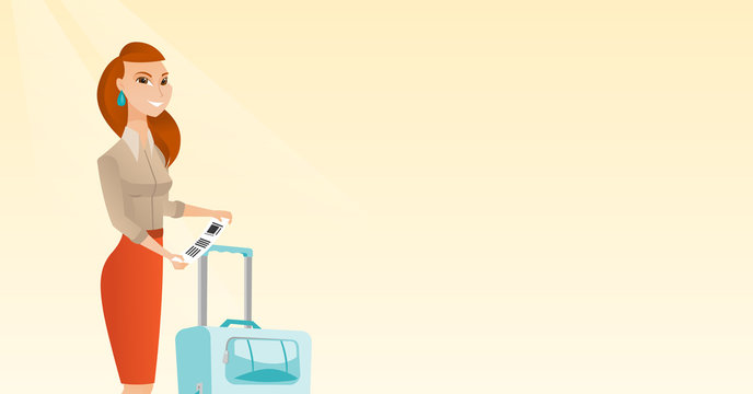 Happy business class passenger standing near suitcase and holding priority luggage tag. Young caucasian business woman showing travel insurance tag. Vector cartoon illustration. Horizontal layout.