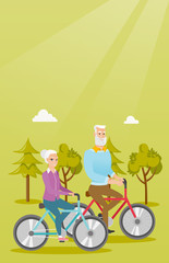 Retired caucasian couple riding bikes in the park. Senior man and woman riding bicycles in the park. Active senior couple enjoying walk with bicycles. Vector cartoon illustration. Vertical layout.
