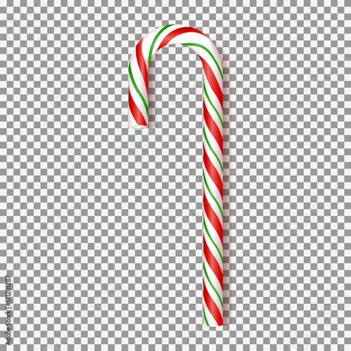 "Realistic Xmas candy cane isolated on transparent backdrop. Vector