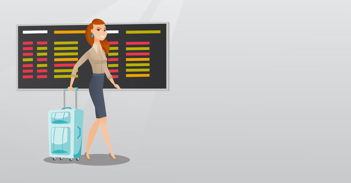 Young caucasian passenger with suitcase walking on the background of schedule board at the airport. Cheerful woman pulling suitcase at the airport. Vector cartoon illustration. Horizontal layout.