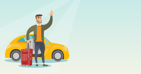 Obraz premium Caucasian man with suitcase standing on the background of car with open door. Young man waving in front of car. Cheerful man going on vacation by car. Vector cartoon illustration. Horizontal layout.