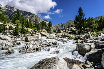 Fototapeta na wymiar Dora di Veny, River, Monte Bianco, Courmayer, Clouds, Courmayer; Valdaosta; Italy; Europa