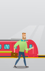 Young caucasian businessman walking on railway station platform on the background of train. Hipster businessman with briefcase going out of the train. Vector cartoon illustration. Vertical layout.