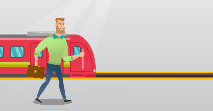 Young caucasian businessman walking on railway station platform on the background of train. Hipster businessman with briefcase going out of the train. Vector cartoon illustration. Horizontal layout.