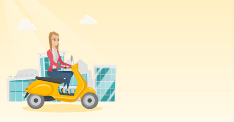 Young caucasian woman riding a scooter outdoor. Smiling business woman traveling on a scooter in the city. Happy woman enjoying her trip on a scooter. Vector cartoon illustration. Horizontal layout.