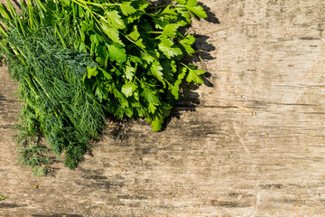 Fresh green dill and parsley herbs on rustic wooden table. Top view with copy space