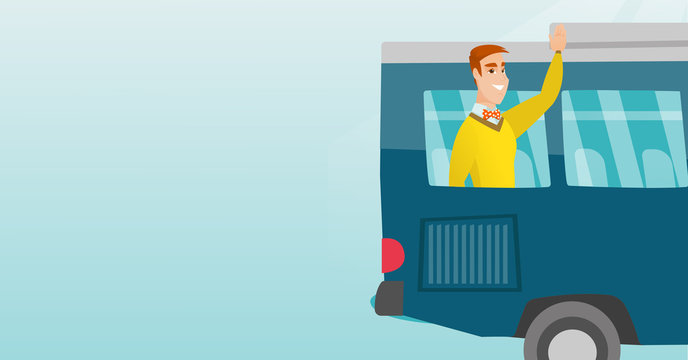 Young caucasian man enjoying his trip by bus. Happy passenger waving hand from bus window. Cheerful tourist peeking out of bus window and waving hand. Vector cartoon illustration. Horizontal layout.