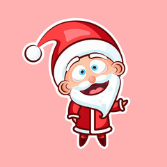 Sticker emoji emoticon, emotion, hi, hello, waving his hand in greeting vector illustration character sweet, cute Santa Claus, Father Frost for Happy New Year and Merry Christmas