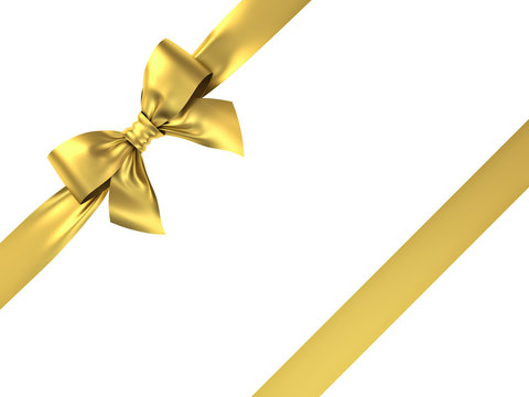 Gold gift ribbon bow isolated on white background . 3D rendering.