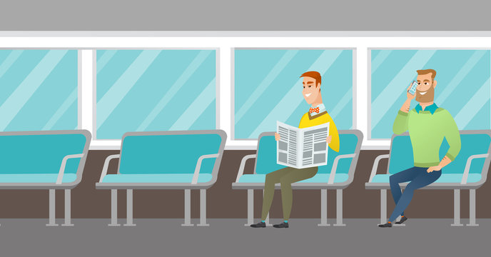 Caucasian people traveling by public transport. Man using mobile phone while traveling by public transport. Man reading newspaper in public transport. Vector cartoon illustration. Horizontal layout.
