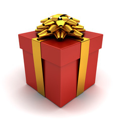 Gift box , Present box with gold ribbon bow isolated on white background with shadow . 3D rendering.