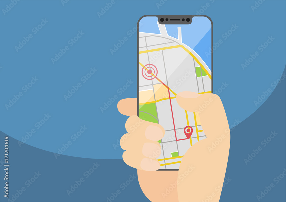 Poster mobile gps navigation and routing concept with hand holding modern bezel-free smartphone. vector ill
