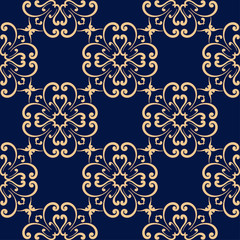 Seamless dark blue pattern with golden wallpaper ornaments