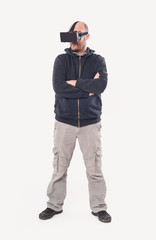 Man play VR shooter game with virtual reality glasses