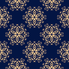 Floral seamless pattern. Golden blue abstract background