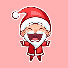 Sticker emoji emoticon, emotion joy, shouting vector isolated illustration happy character sweet cute Santa Claus, Father Frost on pink background for Happy New Year and Merry Christmas