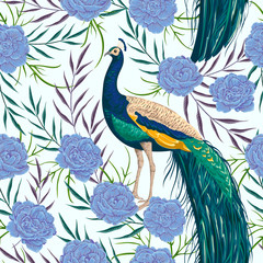 Seamless pattern with peacock, flowers and leaves. Vintage hand drawn vector illustration in watercolor style