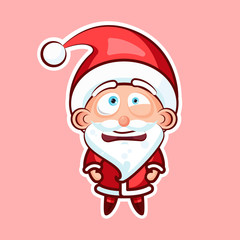 Sticker emoji emoticon, emotion depression, resentment, view from under forehead vector character sweet cute Santa Claus, Father Frost pink background for Happy New Year and Merry Christmas