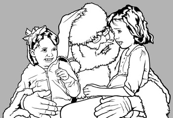 Santa Claus Holding Two little Girls on His Knees - Christmas Black and White Illustration, Vector