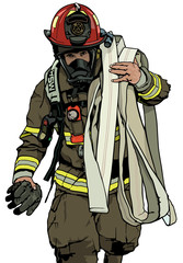 Naklejka premium Firefighter With Fire Hose Over Shoulder - Colored Illustration, Vector