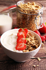 Healthy breakfast concept with oat flakes and fresh berries on r