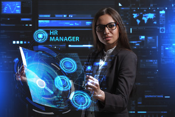 The concept of business, technology, the Internet and the network. A young entrepreneur working on a virtual screen of the future and sees the inscription: HR manager