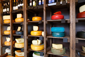 Cheese shop shelves, large assortment