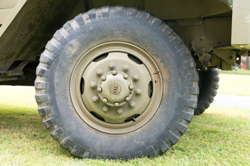 close up of military vehicle wheel