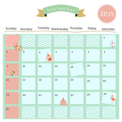 Colorful cute September 2018 calendar with monkey,bird,pig,whale,flamingo and penguin