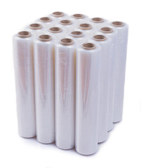 Vertically oriented rolls of stretch film on white background.