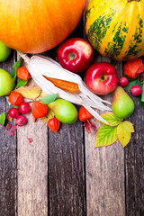 Thanksgiving background with autumn fruits and gourds on a rustic wooden table. Autumn harvest. Top view. Copy space. Thanksgiving frame