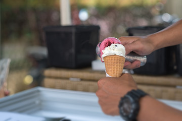 Cropped Image Of Waiter Serving Chocolate And Strawberry Ice cream