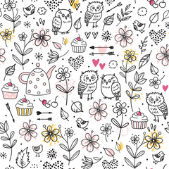 Seamless pattern with owls, flowers, cupcakes, arrows, cherries, hearts. Funny vector illustration. Hand drawn elements.