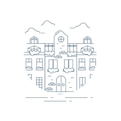 European cityscape in line art style. European hotel linear illustration.