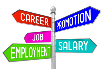 Signpost with 5 arrows - job concept - career, promotion, job, salary, employment.