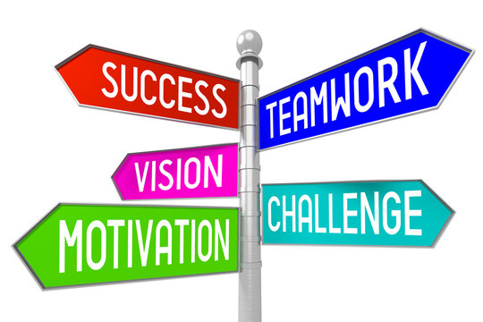 Signpost with 5 arrows - business concept - success, teamwork, vision, challenge, motivation.