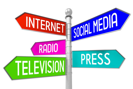 Signpost with 5 arrows - media concept - Internet, social media, radio, press, television.