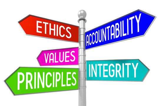 3D signpost - business ethics concept - ethics, accountability, values, integrity, principles.