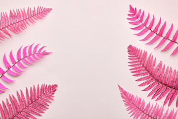 Fototapeta na wymiar Floral Leaves Fashion Concept. Fern Tropical Leaf. Vivid Design. Art Gallery. Creative Bright Color Background. Minimal Style. Pink Summer fashion
