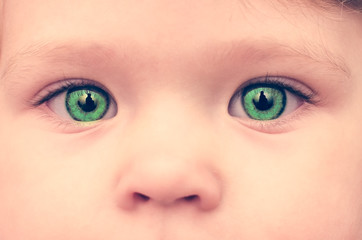Baby face with green eyes, close-up