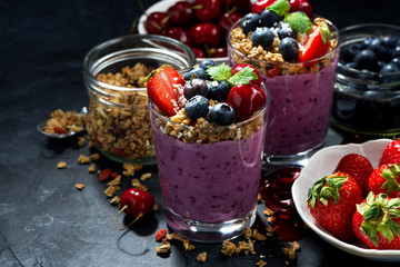 healthy blueberry with granola and berries on a dark background