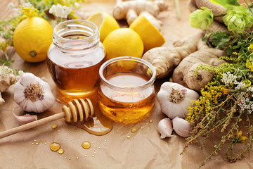 Honey, garlic, lemon, herbs and ginger