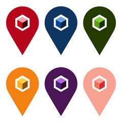 Simple isolated location pins in different colors with a geometric cube logo. 