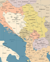 Central Balkan Map - Vintage Vector Illustration